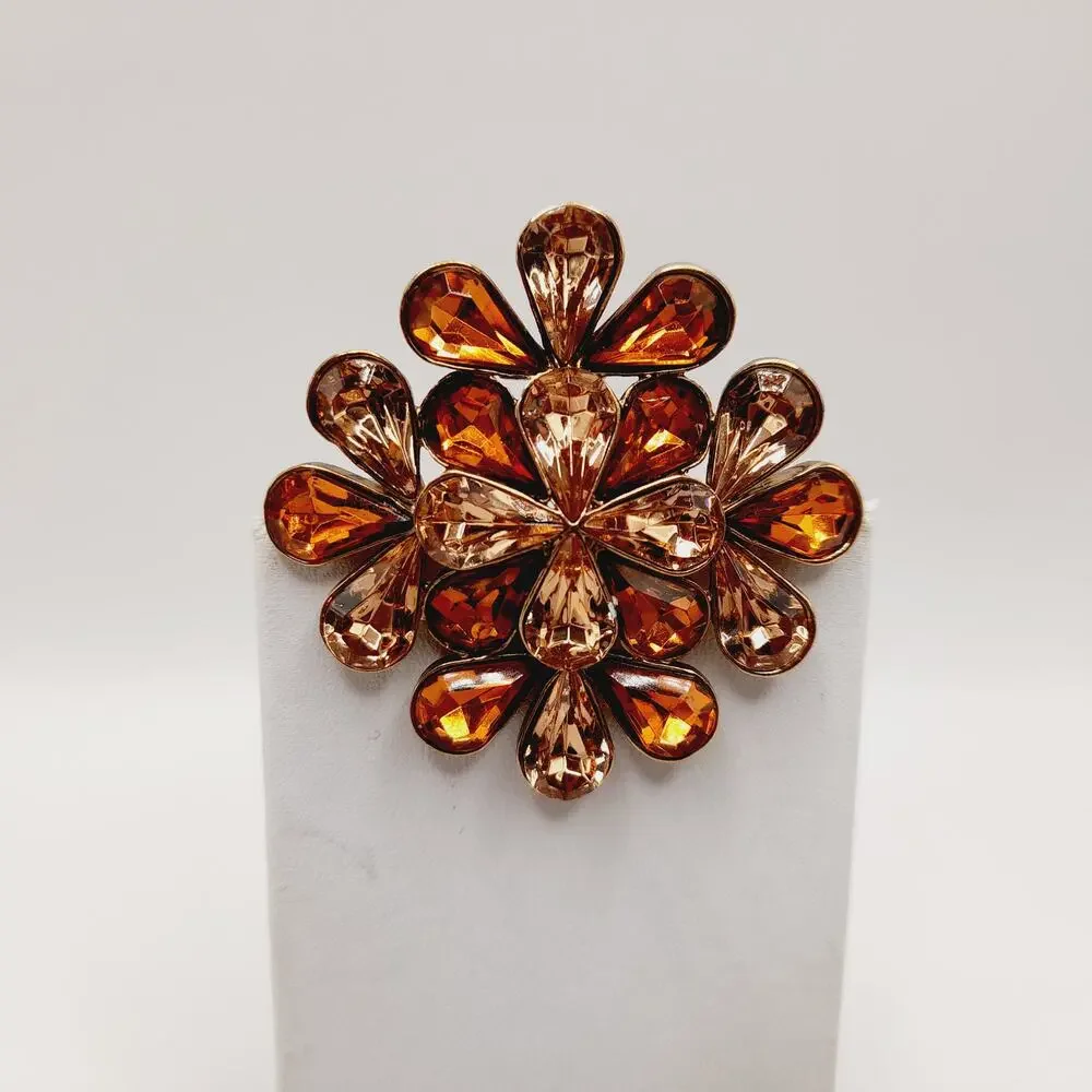 Vintage Amber Rhinestone Flower Brooch Gold Tone 2 Inch Statement Pin